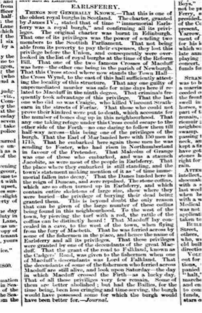newspaper article, Dundee Perth and Cupar Advertiser 1860