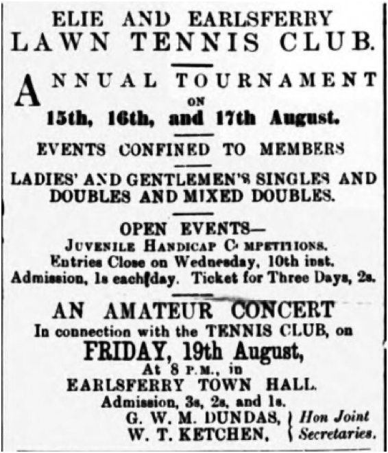 newspaper article, Elie and Earlsferry Lawn Tennis Club Events, East Fife Record 5-8-1887
