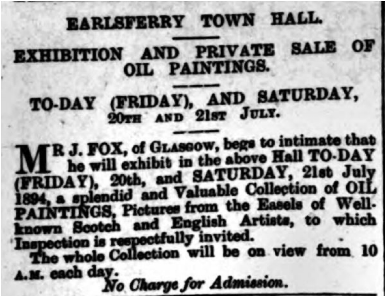 newspaper article, Exhibition and Private Sale of Oil Paintings, East Fife Record 20-7-1894