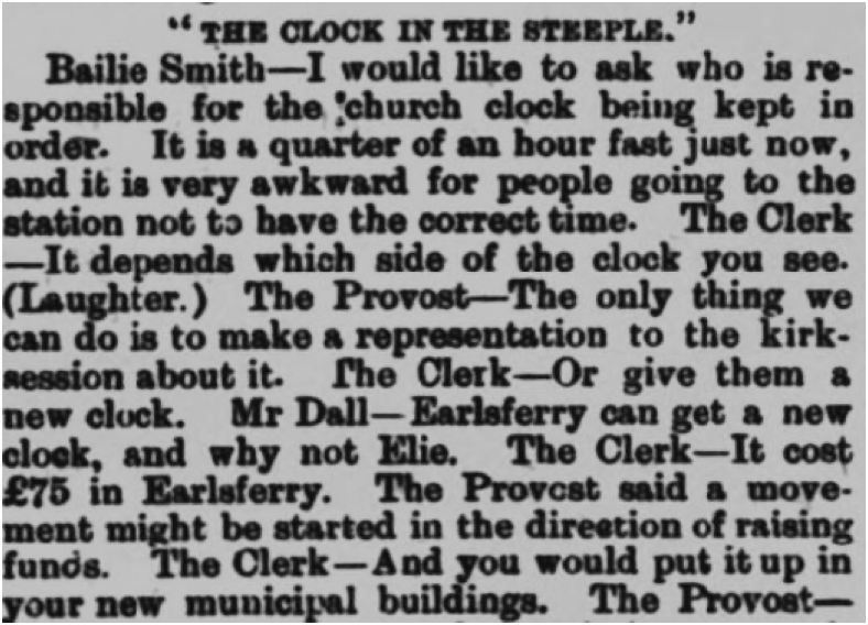 newspaper article, The Clock in the Steeple, East Fife Record 13-7-1900
