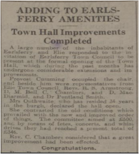 newspaper article, Adding to Earlsferry amenities, Town Hall improvements complete, Dundee Courier 26/11/1926