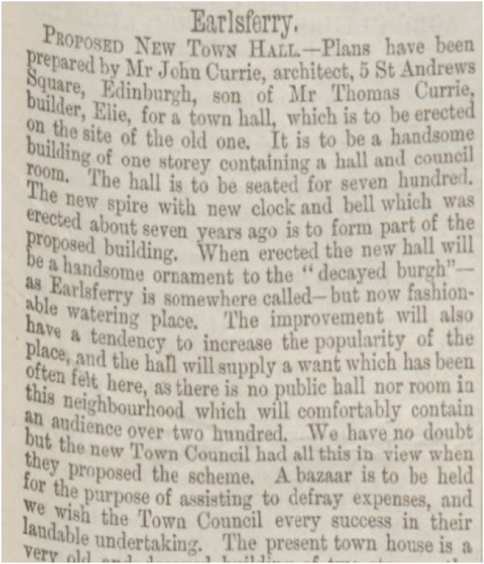 newspaper article, Proposed New Town Hall, Fife Herald 23-5-1872, part 1 of 3